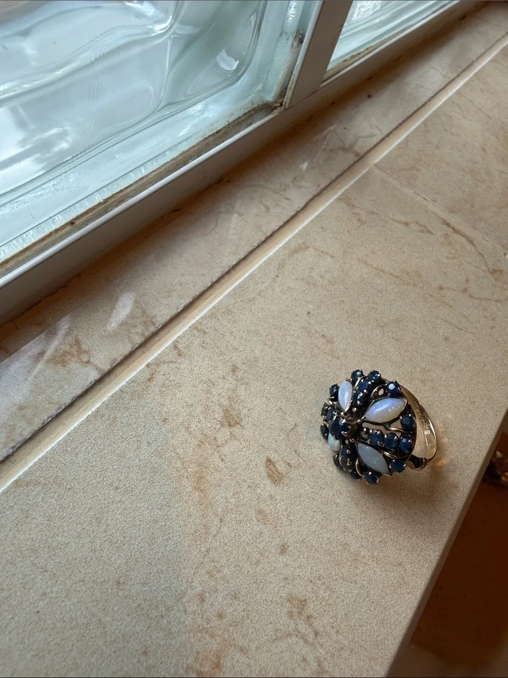 Vintage 14 karat gold,  Blue Opal and Sapphire Cluster Ring. Size 7.